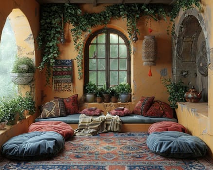 Bohemian reading nook with floor cushions, tapestries, and hanging plantssuper detailed