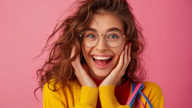 A woman with glasses and a yellow sweater is smiling
