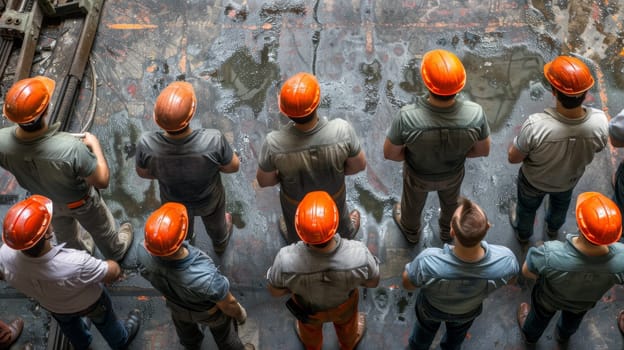 A group of men wearing orange hard hats stand in a line
