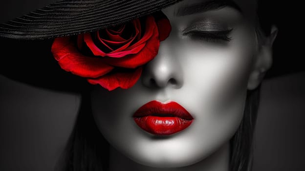 A woman with a hat and red rose on her face