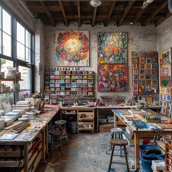 Eclectic artist's studio with vibrant artwork and a variety of materialsup32K HD