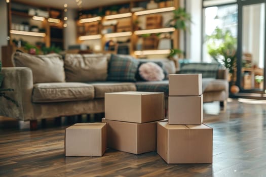 A stack of cardboard boxes is sitting on a wooden floor in a living room. The boxes are of different sizes and are arranged in a neat pile. The room has a cozy and welcoming atmosphere, with a couch