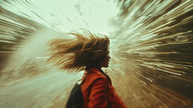 A woman with a red jacket and blonde hair is running