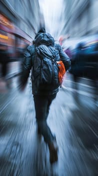 A blurry image of a man walking down the street with his backpack