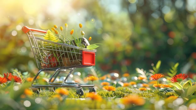A shopping cart filled with flowers and plants in a field
