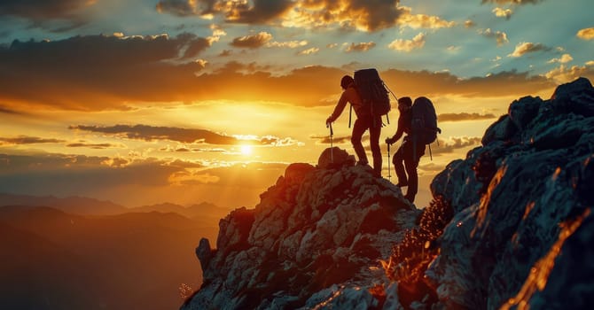 Two people are hiking up a mountain with a sunset in the background. Scene is peaceful and serene, as the two hikers make their way up the rocky terrain