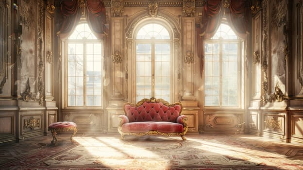 A fancy room with a red couch and two windows