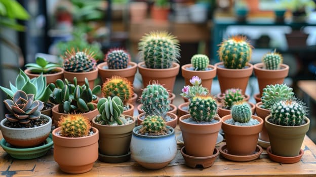 A bunch of cacti are in pots on a table