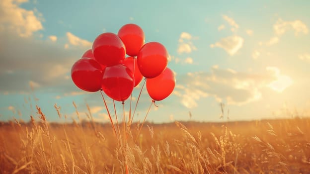 A bunch of red balloons are floating in a field