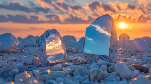 Two mirrors are sitting on a rock with the sun setting in front of them