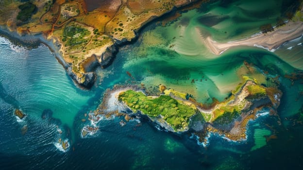 An aerial view of a beach with green water and rocks