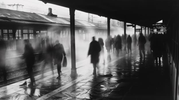 A group of people walking on a train platform with steam coming off the tracks