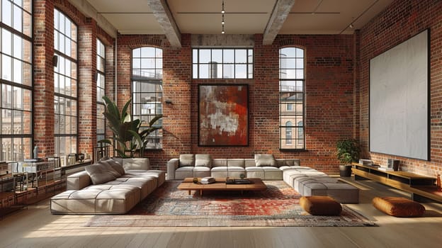Minimalist urban loft with exposed brick and large, floor-to-ceiling windows8K