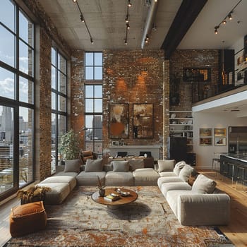 Minimalist urban loft with exposed brick and large, floor-to-ceiling windows8K