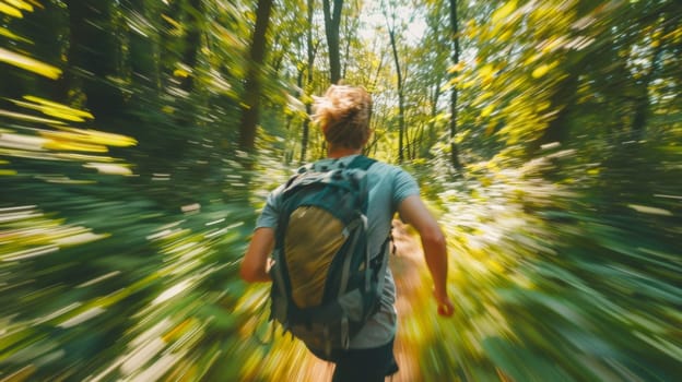 A man with a backpack walking through the woods