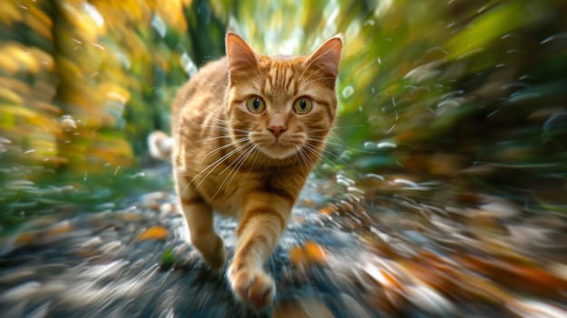 A cat running on a path with blurry background