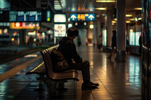 A man sits on a bench in a train station at night.by AI generated.