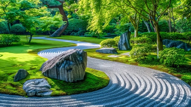 Vibrant japanese zen garden featuring meticulously raked sand, lush greenery, and tranquil rocks