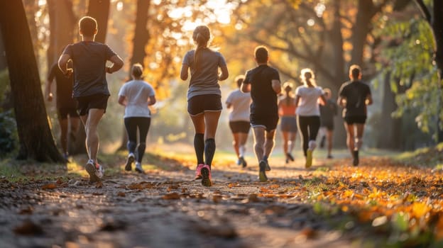 A group of people running on a path in the woods