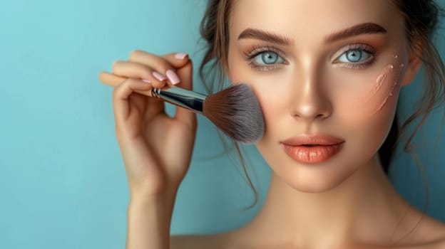 A woman with makeup on her face holding a brush