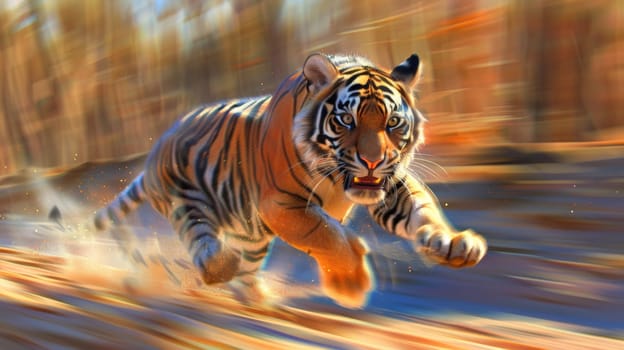A tiger running on a dirt road in an artistic painting