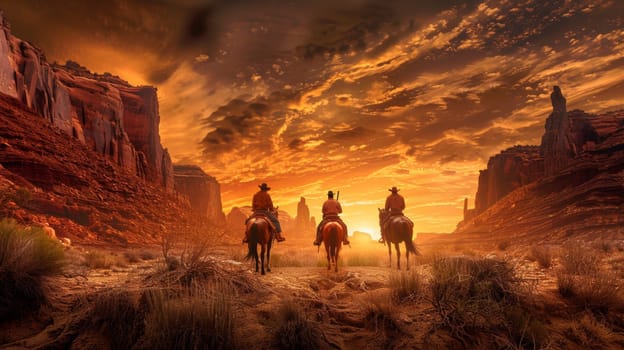 Three men riding horses in a desert landscape with the sun setting