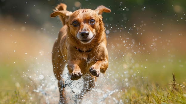 A brown dog running through a field of grass and water