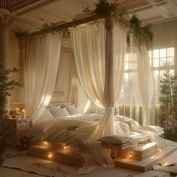 Romantic bedroom with soft lighting, sheer curtains, and a four-poster bedHyperrealistic