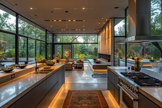 Ultra-modern kitchen with smart appliances and sleek, reflective surfacessuper detailed