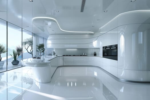 Ultra-modern kitchen with smart appliances and sleek, reflective surfacessuper detailed