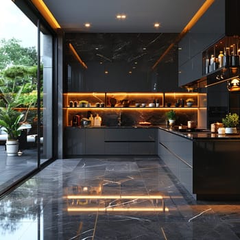 Ultra-modern kitchen with smart appliances and sleek, reflective surfacessuper detailed