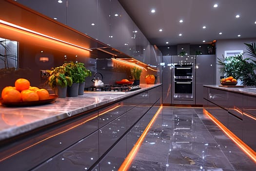 Ultra-modern kitchen with smart appliances and sleek, reflective surfacessuper detailed