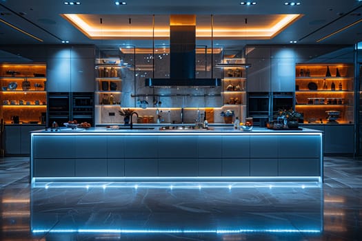 Ultra-modern kitchen with smart appliances and sleek, reflective surfacessuper detailed