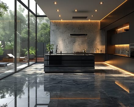 Ultra-modern kitchen with smart appliances and sleek, reflective surfacessuper detailed