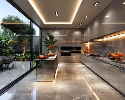 Ultra-modern kitchen with smart appliances and sleek, reflective surfacessuper detailed