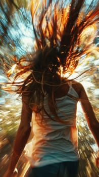 A woman with long hair running through a forest