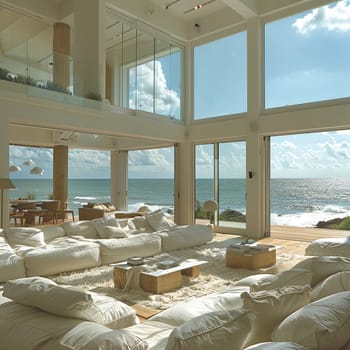 Airy beach house living room with white furniture and ocean viewssuper detailed