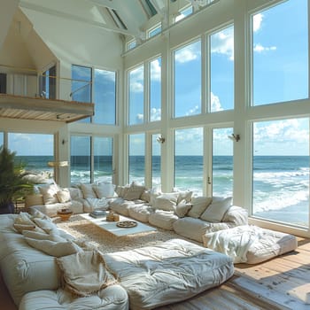 Airy beach house living room with white furniture and ocean viewssuper detailed