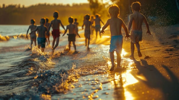 A group of children running into the water at sunset