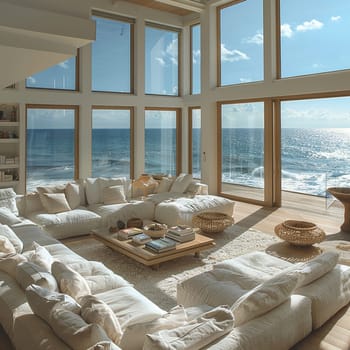 Airy beach house living room with white furniture and ocean viewssuper detailed