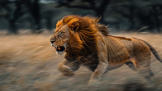 A lion running through a field with trees in the background