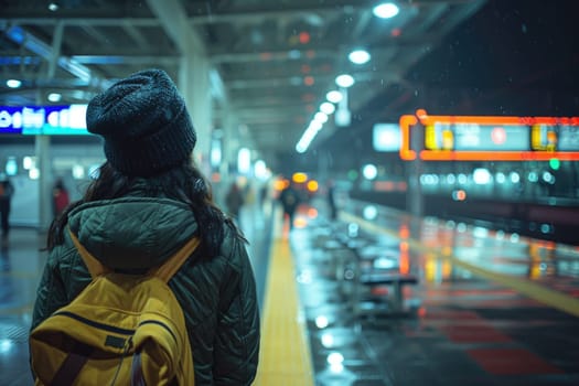 A woman wearing a black hat and a green jacket is standing at a train station. She is holding a yellow backpack. The scene is set at night, and the woman is waiting for a train