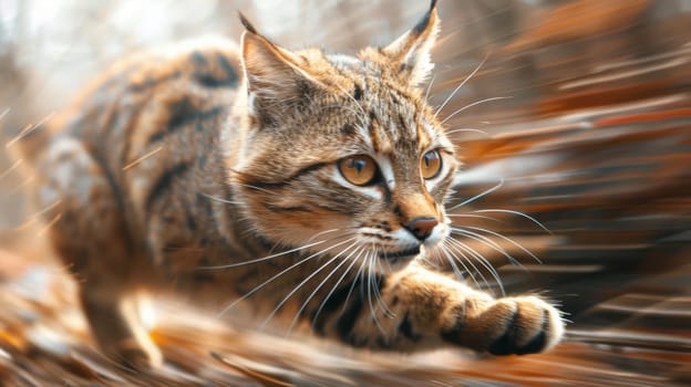 A cat running across a blurry background with its paws out
