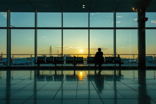 A man sits in a row of chairs in a large airport terminal. The sun is setting, casting a warm glow over the scene. The man is waiting for a flight