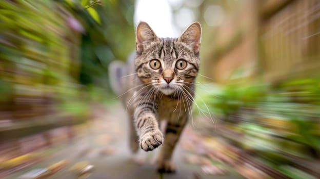 A cat running on a sidewalk with blurry background