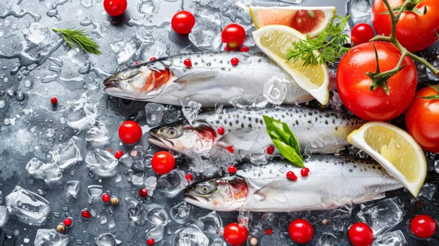 Three fish are sitting on ice with tomatoes, lemons and lime