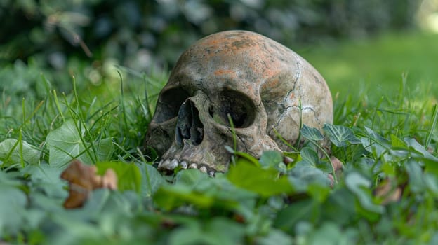 A skull sitting in the grass next to a tree