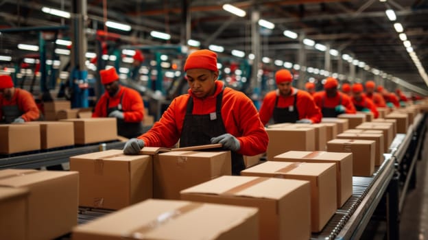 A group of workers are working on a conveyor belt