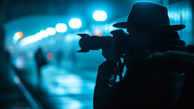 A man with a camera taking pictures in the dark