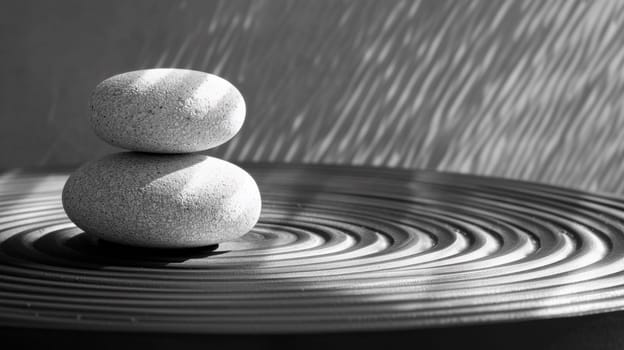 A black and white photo of two rocks sitting on top of a circular table